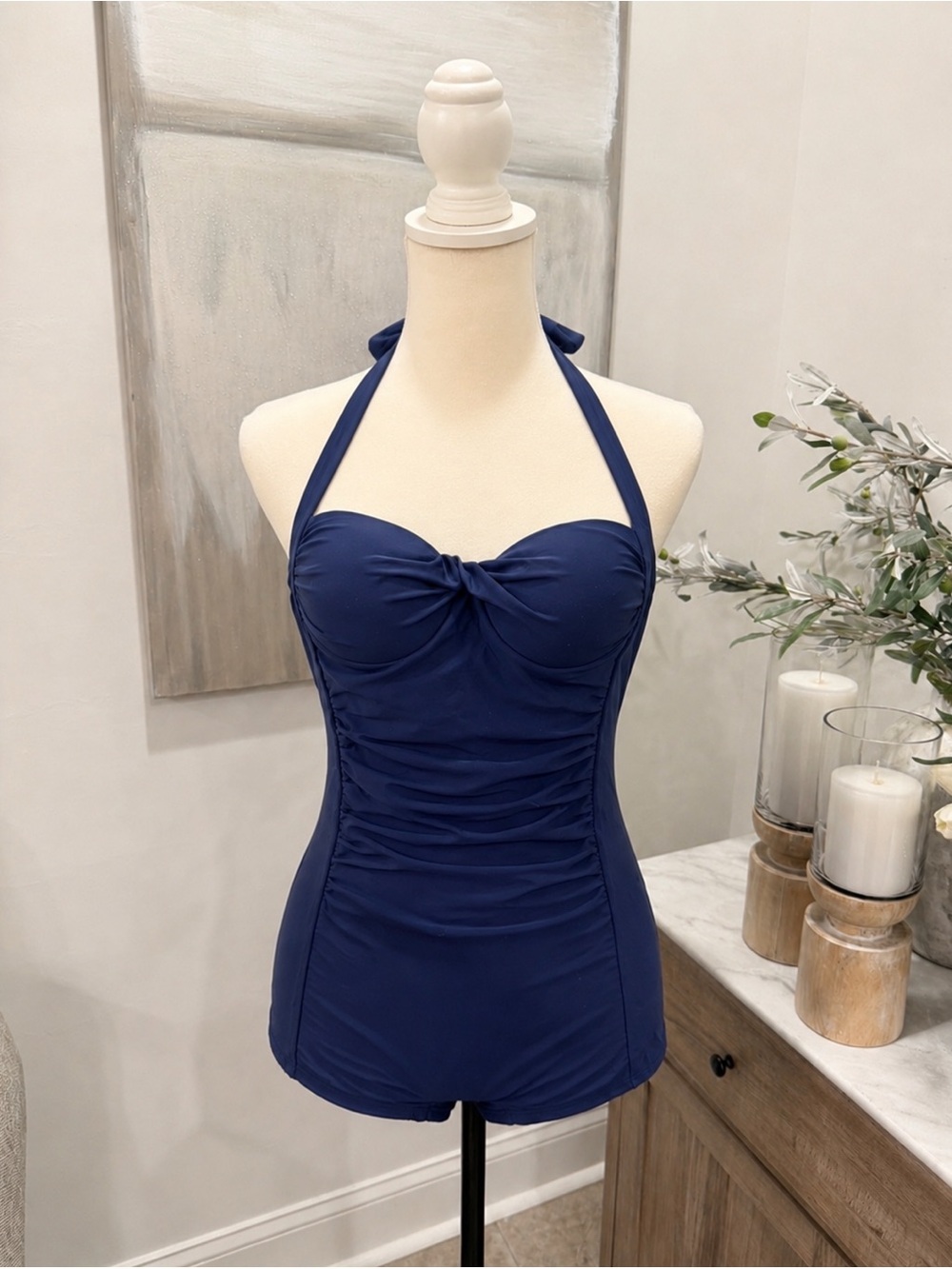 Navy Ruched One-Piece Halter Swimsuit